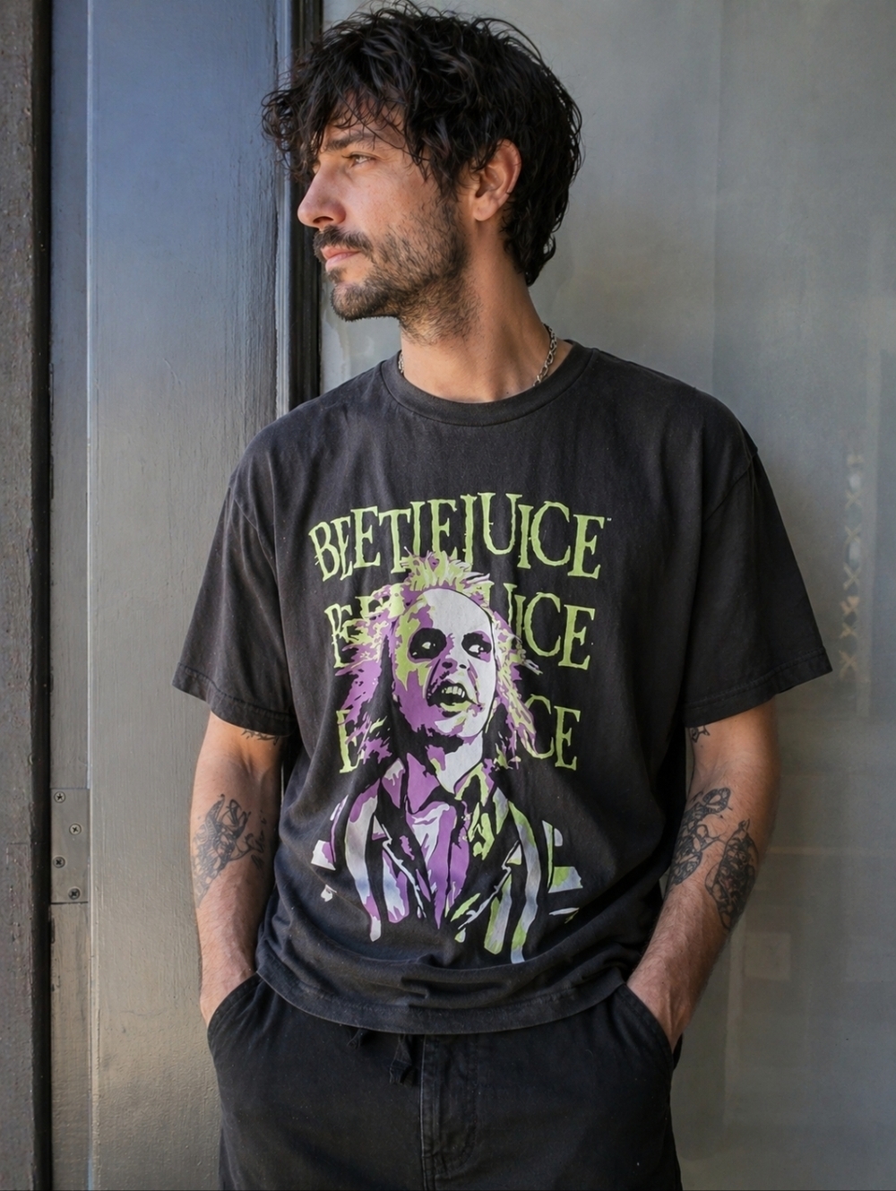 Beetlejuice Graphic T-shirt Black Casual Men's XL Fandom 100% Cotton Big Graphic